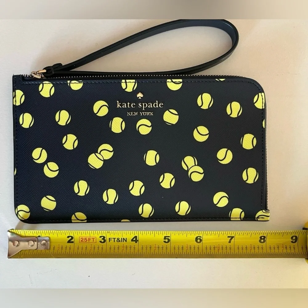 NWT Kate Spade Lucy Tennis Toss Medium L- O zip Wristlet Navy & Neon Yellow ball